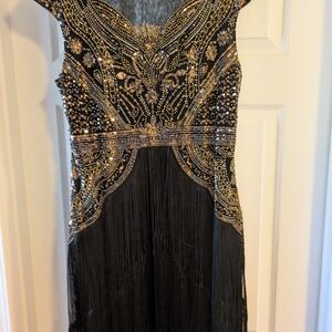 1920's Style Black and Gold Beaded Great Gatsby Dress XL